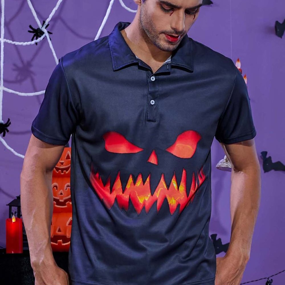 Men's Lapel Shirt Halloween Elements 3D Printing Short Sleeve Polo Shirt Top - Picture 5 of 9